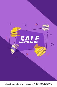 Sale banner with geometric abstract composition. Promotion card with text and sliced colorful background. Poster for advertising design. Vector illustration.