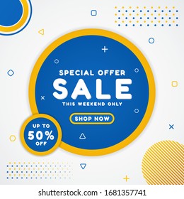 Sale banner geometric design halftone style color bright blue and yellow. vector illustration.