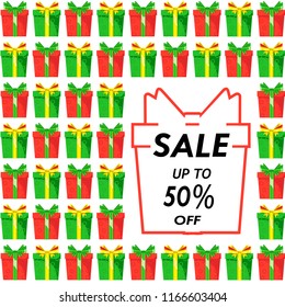 Sale banner with gift boxes. Vector isolated background.