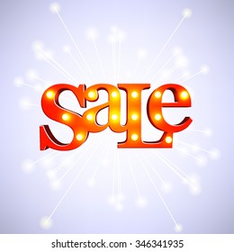 Sale banner with glowing retro light bulbs and firework explosion. Vector illustration