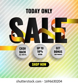 Sale banner with gold ribbon abstract background, circle element. For promotion, advertising, poster. Vector illustration