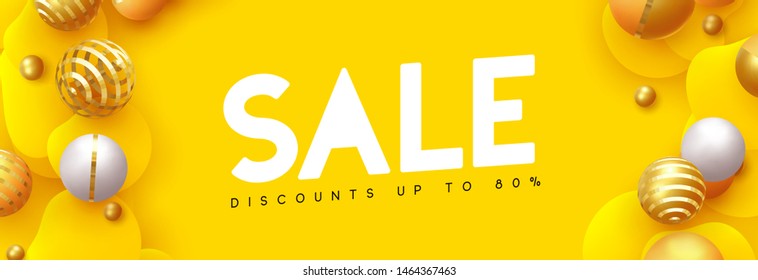 Sale banner with gold and silver balls, render 3d round spheres. Sale Promotion Poster and shopping template. Flyer design placard, brochure, web border. Flat liquid droplet, geometric shape