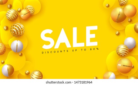 Sale banner with gold and silver balls, render 3d round spheres. Sale Promotion Poster and shopping template. Flyer design placard, brochure, web border. Flat liquid droplets, geometric shapes