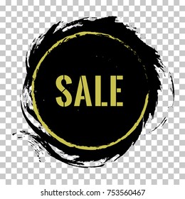 Sale banner with gold text on black background. Marketing tag for promotion, commercial campaign. Black friday sale painted label. Isolated vector modern sticker illustration. Grunge pained background