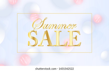 Sale banner. Golden background. 3d geometric shapes. Pink and white colors. Fluid pattern. Vector.