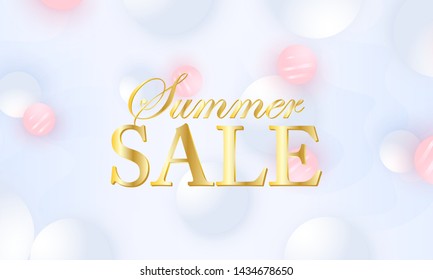 Sale banner. Golden background. 3d geometric shapes. Pink and white colors. Fluid pattern. Vector.
