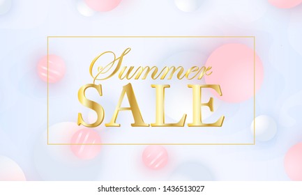 Sale banner. Golden background. 3d geometric shapes. Pink and white colors. Fluid pattern. Vector.