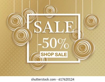 Sale banner with golden background.  Vector illustration of online shopping website and mobile website banner, poster. Coupon, voucher universal luxury background. 