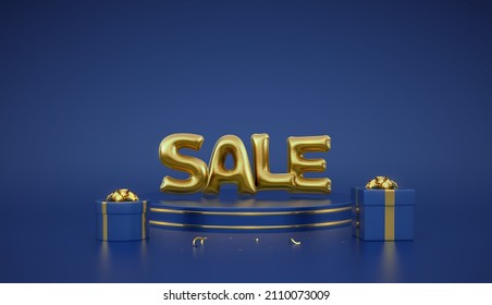 SALE banner. Golden Sale balloon word on blue round podium. Scene and 3D platform on blue background. Pedestal with gift boxes with golden bow. Advertising, award design. Realistic vector illustration