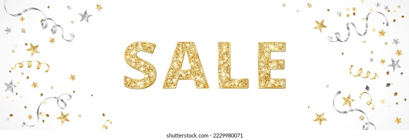 Sale banner with golden glitter text. Festive decoration with ribbons, stars and confetti. Celebration frame, border. Sparkling sale typography. Vector.