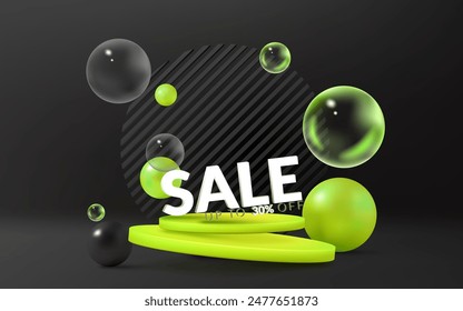 Sale banner, green and black podium with a neon light backdrop. Ideal for showcasing products, discounts, and special offers in a 3D, for online stores and Friday sales events. Not AI.