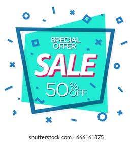 Sale banner green color with cyan frame and different shapes for special offer, advertisement, black friday, promotion, sale, hot price and discount poster. Vector Illustration