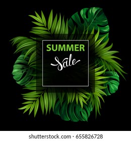 Sale banner with green tropical palm and monstera leaves on the black background. White lettering on the summer poster.