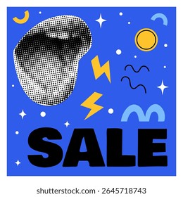 Sale banner. Halftone dotted mouth. Shopping discount. Announce message lettering. Social media post. Abstract flat shapes. Art collage newsprint lips. Marketing promotion. Vector special offer card