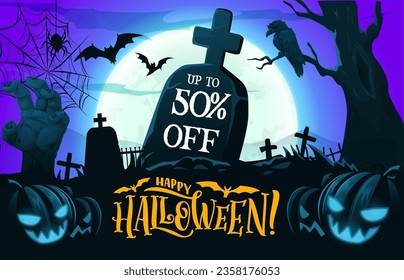 Banner de venta con silueta de cementerio de Halloween y lápida con señal de vector de venta. Oferta de promoción de feriados de Halloween con descuento venta con calabazas aterradoras, mano zombie de la tumba y araña en la telaraña