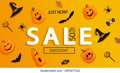 Sale banner for Halloween. Discount poster with holiday symbols hat, pumpkins characters, bat and candy. Invitations for clearance, just now shopping.Template for web, print,offers, promotions.Vector.