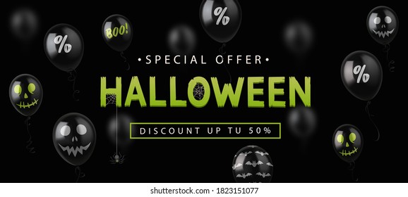 Sale Banner for Halloween holiday with black balloons on black background. Vector illustration