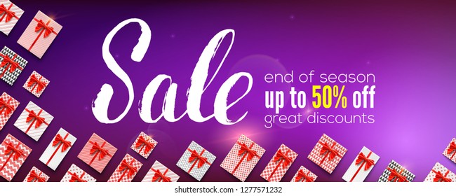 Sale. Banner with handwritten lettering, calligraphic script font. Great discount up to fifty percent discount. Ad for actions reduce of price. Poster decorated gift boxes. Vector 3D illustration.