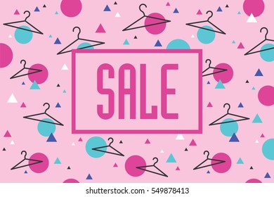 Sale banner with hangers and geometric pattern, vector