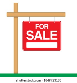 For Sale Banner, Hanging On A Wooden Pole. Ad Banner For House Or Property Sale. Realty Trade Red Vector Placard.