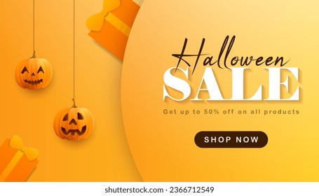 Banner de venta para feliz halloween con calabazas realistas colgando. Fondo del banner de venta horizontal