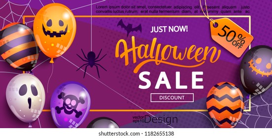 Sale Banner for Happy Halloween holiday with lettering on geometric background with monster balloons.50 percent discount card for web,poster,flyers,ad,promotions,blogs,social media,marketing.Vector.