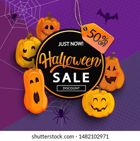 Sale Banner for Happy Halloween holiday with lettering on geometric background with monster pumpkins.Discount card for web,poster,flyers,ad,promotions,blogs,social media,marketing.Vector illustration.