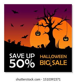 Sale Banner for Happy Halloween holiday with lettering on geometric background. Discount card for Marketing. Vector Template illustration.