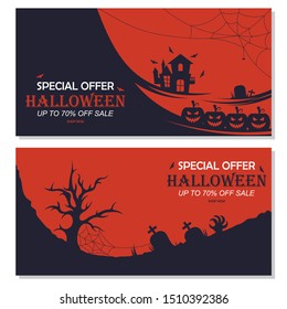 Sale Banner for Happy Halloween holiday with lettering on geometric background. Discount card for Marketing. Vector Template illustration.