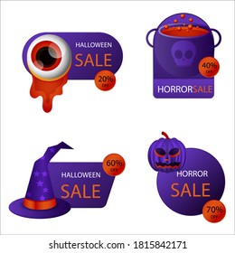 Sale Banner for Happy Halloween holiday with lettering on geometric background with monster pumpkins.Discount card for web,poster,flyers,ad,promotions,blogs,social media,marketing.Vector illustration.