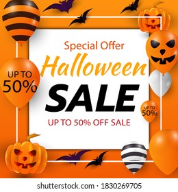Sale Banner for Happy Halloween holiday with writing on geometric background balloons Discount web, posters, flyers, advertising, promotions, blogs, social media, marketing,