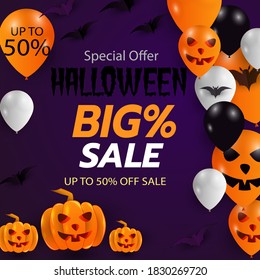 Sale Banner for Happy Halloween holiday with writing on geometric background balloons Discount web, posters, flyers, advertising, promotions, blogs, social media, marketing,