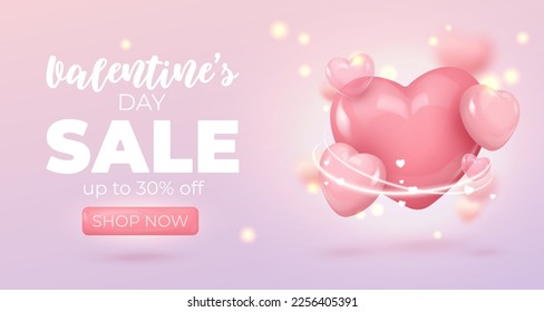 SALE banner Happy Valentine's Day with pink and glass realistic glossy hearts, bokeh, lights. Vector illustration for card, party, design, flyer, poster, decor, banner, web, advertising. 