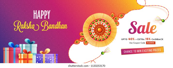 Sale banner or Header design, Up To 40% with Extra 15% Off Offer with Happy Raksha Bandhan text, gift boxes and rakhi illustration.