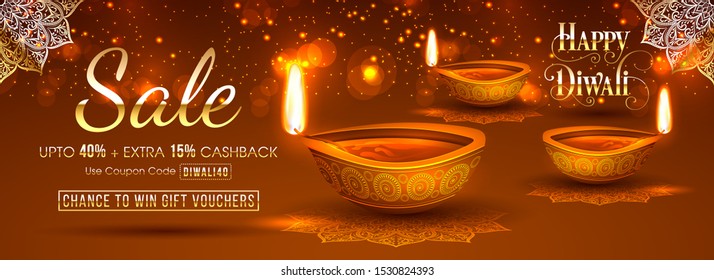 Sale banner or Header design of Diwali, Up To 40% with Extra 15% Off Offer with Happy Diwali text and Diya.
