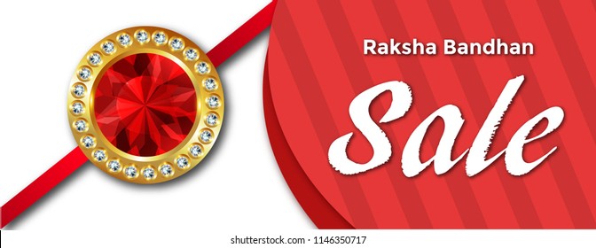 Sale banner or Header design, with Extra 50% Off Offer with Happy Raksha Bandhan text, gift boxes and rakhi illustration.
