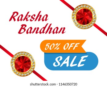 Sale banner or Header design, with Extra 50% Off Offer with Happy Raksha Bandhan text, gift boxes and rakhi illustration.