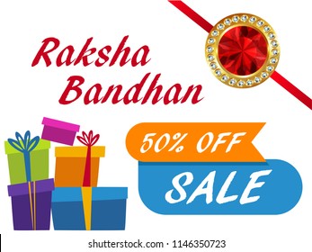 Sale banner or Header design, with Extra 50% Off Offer with Happy Raksha Bandhan text, gift boxes and rakhi illustration.