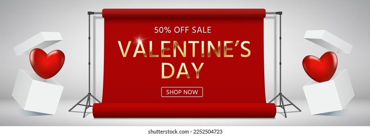 Sale banner with heart balloons and gift boxes. Advertising for sale in jewelry store. St. Valentine's day promo website header. Romantic composition and hearts. White gift packaging. 3d trendy design