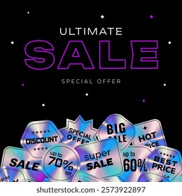 Sale Banner with Holographic Stickers on black background. Square Template with Shiny rainbow neon promotion Emblems for social media post. Vector