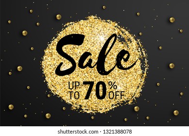 Sale banner horizontal 70 percent off with glossy glitter sparkles and golden beads on black background. Vector illustration design template for flyer, poster, shopping, discount, web