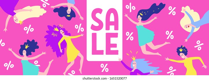 Sale banner. Horizontal template on the theme of sale for women. Concept. Banner, poster, flyer template with sale theme for promotion. Vector illustration with happy girls on pink background.