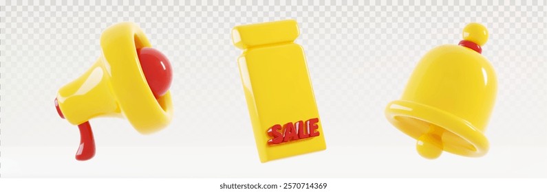 Sale banner icons set isolated on transparent background. Vector realistic illustration of 3d megaphone, discount coupon and bell, best price offer, promo campaign symbols, shopping website elements