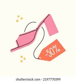 Sale banner with illustration of high heels, mule shoes. Advertising poster design for online store, blog, social media and promotions. Hand drawn vector illustration. Shopping and fashion concept.