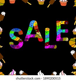 Sale banner. Illustration in yellow, black and green colors. Vector lettering. Seamless pattern.