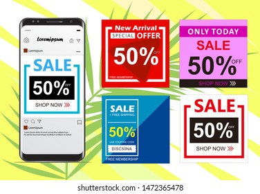 Sale - banner Instagram template. 50% discount sale banner. Sale marketing flyer. Sale poster, Event. Social media banner.