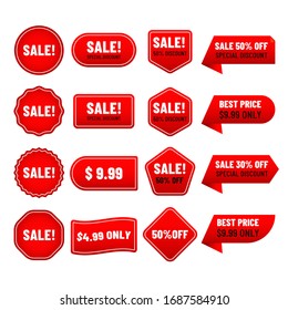 Sale banner and label price design with red color. Flat badges discount and tags.