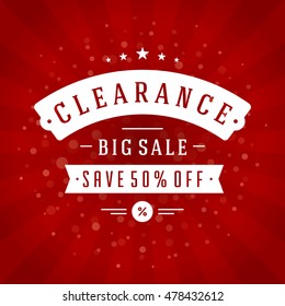 Sale Banner or Label Vector Design for Promotional Brochure or booklet, Discount Poster, Shopping flyer, Clearance advertising. Red rays background.