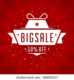 Sale Banner or Label Vector Design for Promotional Brochure or booklet, Discount Poster, Shopping flyer, Clearance advertising. Red rays background.