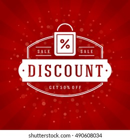 Sale Banner or Label Vector Design for Promotional Brochure or booklet, Discount Poster, Shopping flyer, Clearance advertising. Red rays background.